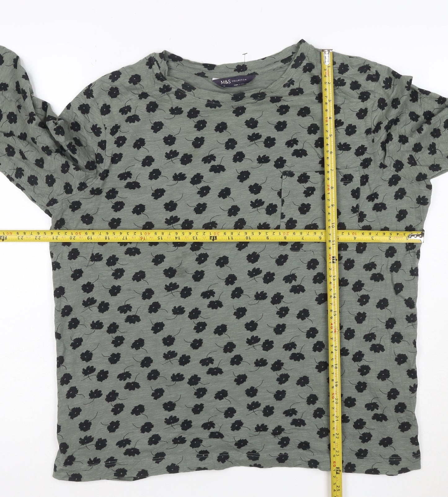 Marks and Spencer Womens Green Floral Cotton Long Sleeve T-Shirt Size 14