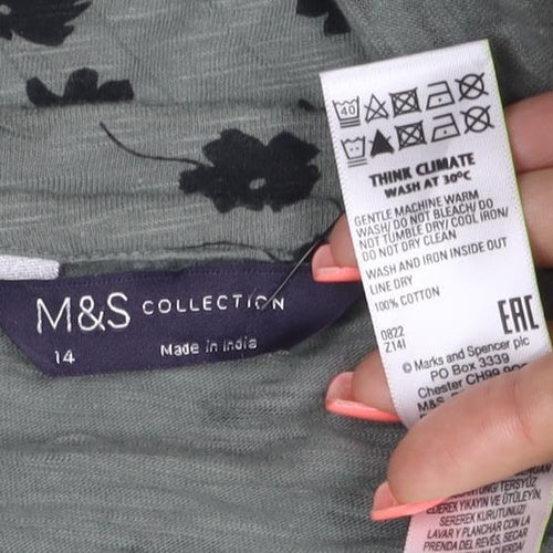 Marks and Spencer Womens Green Floral Cotton Long Sleeve T-Shirt Size 14
