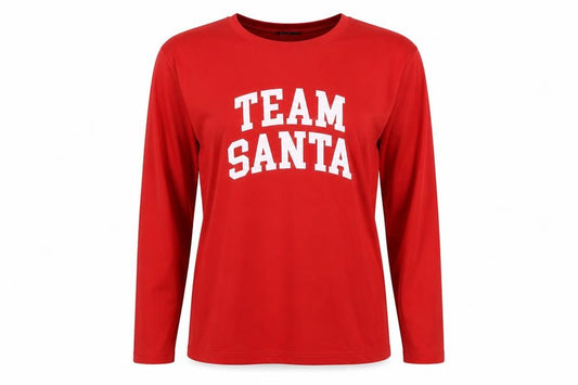 Front view of Boohoo Women's Red 'Team Santa' Long Sleeve Christmas T-Shirt, size S