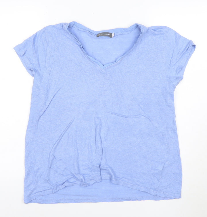 Mint Velvet Women Blue Linen V-Neck T-Shirt Size 16