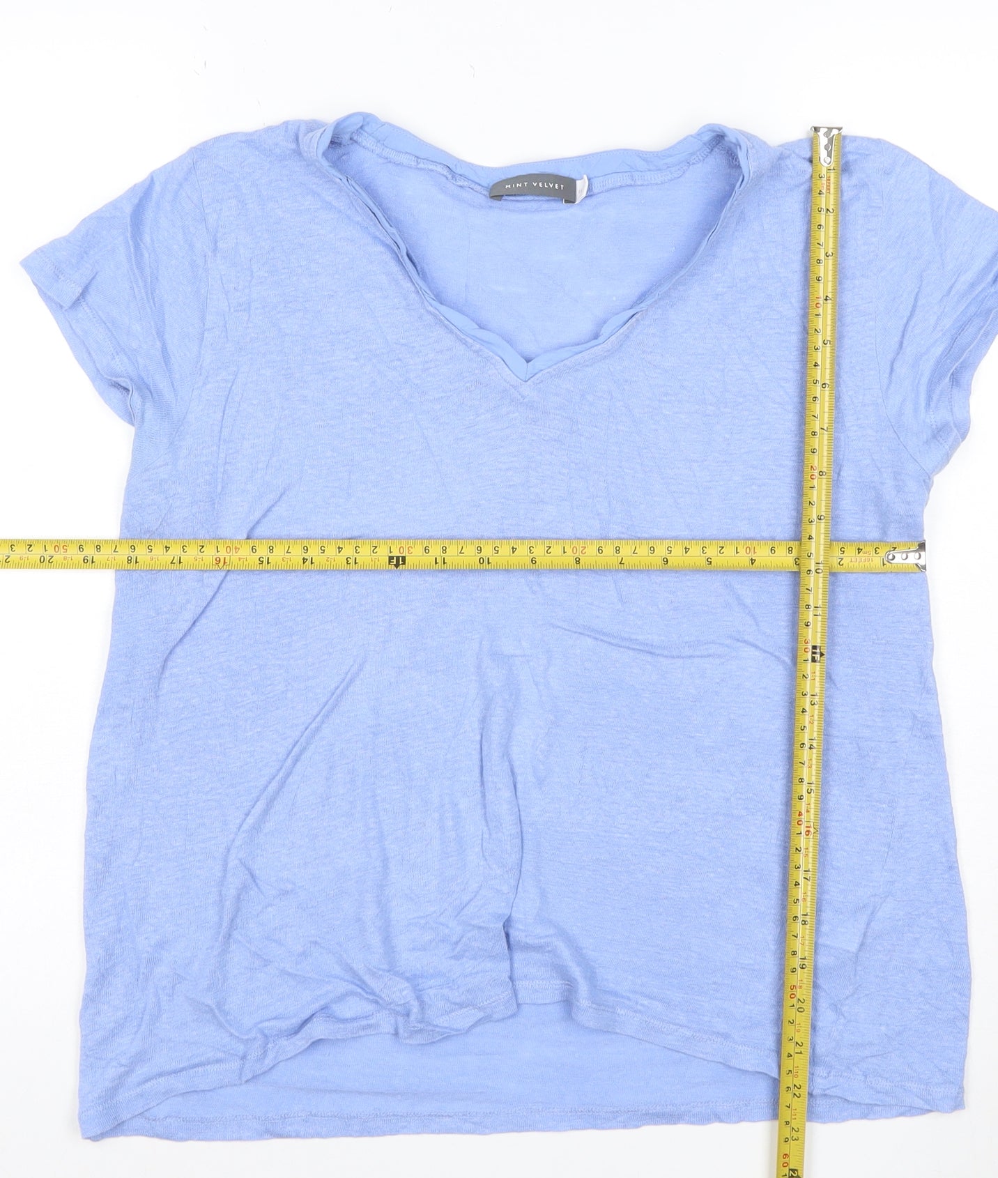 Mint Velvet Women Blue Linen V-Neck T-Shirt Size 16
