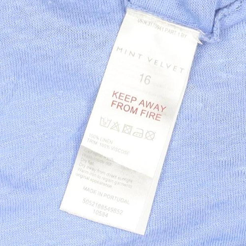 Mint Velvet Women Blue Linen V-Neck T-Shirt Size 16