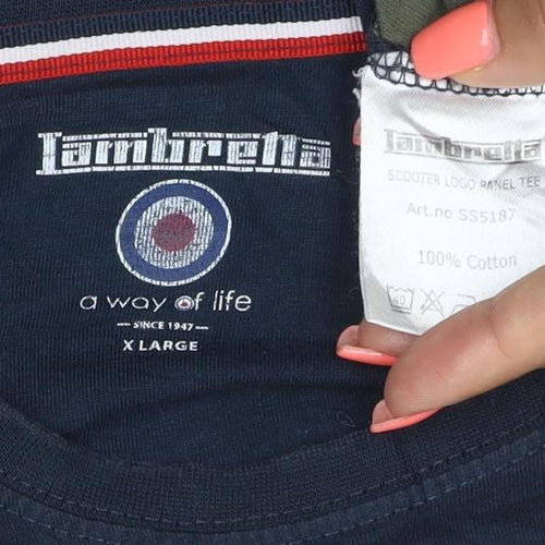 Lambretta Men's Navy Grey Khaki Colourblock Cotton T-Shirt XL