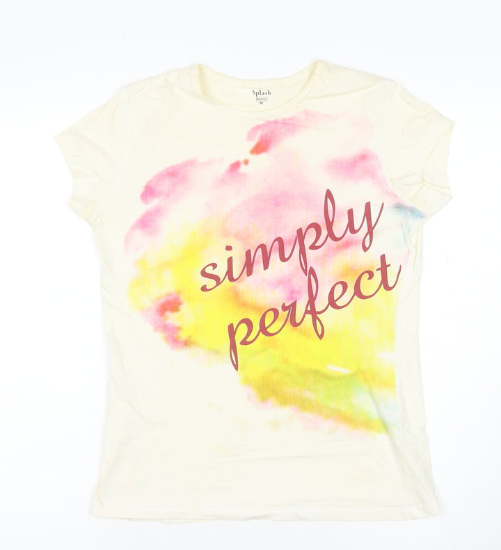 Splash Womens Ivory T-Shirt M Basic Short Sleeve Crew Neck Cotton