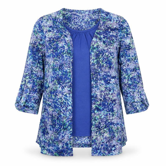 Front view of Honor Millburn Women's Blue Tunic Blouse, size 12, 3/4 Sleeve