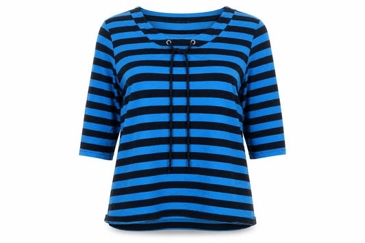 Front view of Chianti Women Blue Black Striped Long Sleeve V-Neck Tunic Top, size 14