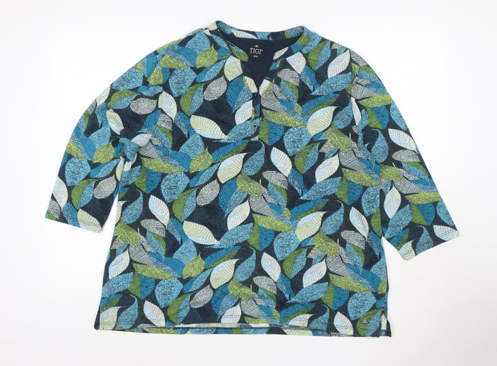 Tigi Women's Multicoloured Leaf Print Henley Tunic Blouse Size 18
