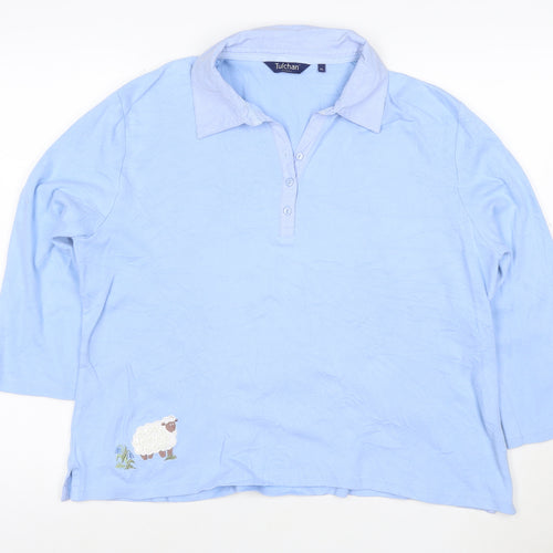 Tulchan Women Blue Cotton Polo Shirt L 3/4 Sleeve Embroidered Sheep