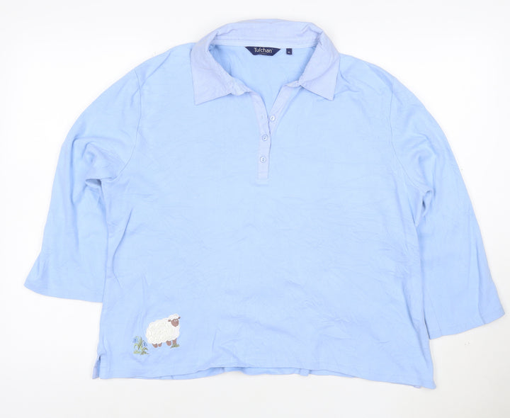 Tulchan Women Blue Cotton Polo Shirt L 3/4 Sleeve Embroidered Sheep