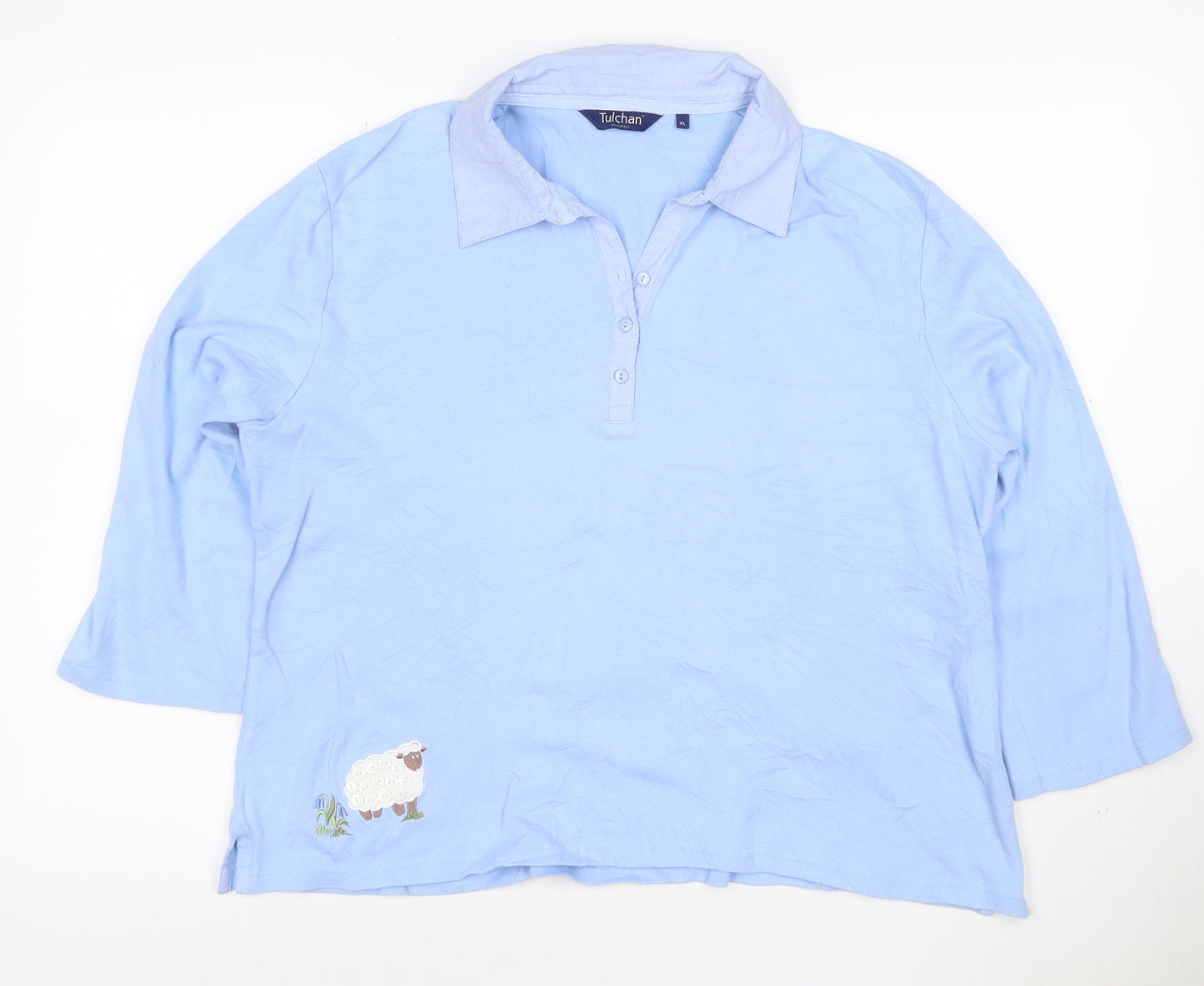 Tulchan Women Blue Cotton Polo Shirt L 3/4 Sleeve Embroidered Sheep