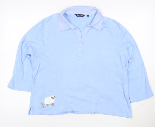 Tulchan Women Blue Cotton Polo Shirt L 3/4 Sleeve Embroidered Sheep