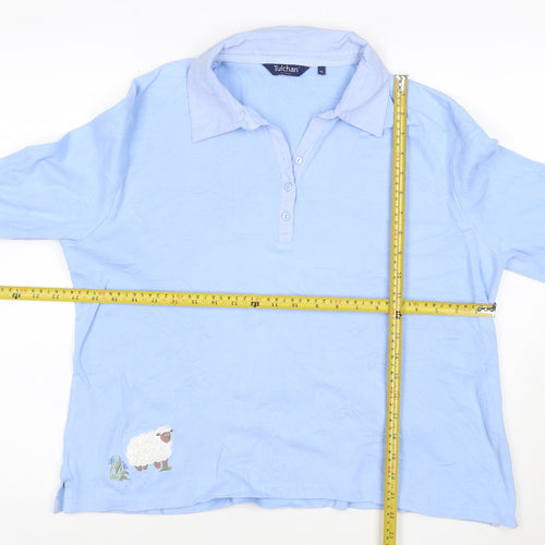Tulchan Women Blue Cotton Polo Shirt L 3/4 Sleeve Embroidered Sheep