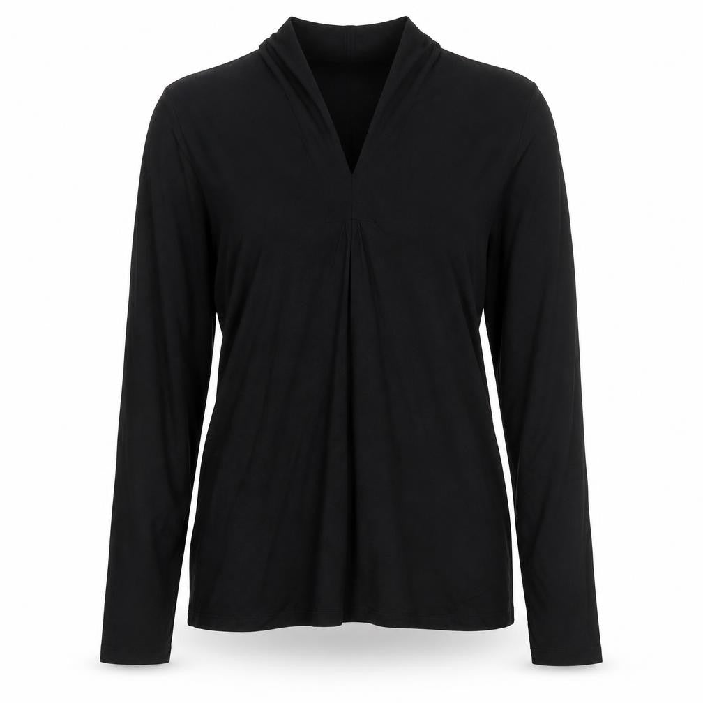 Front view of Talbots Women Black Long Sleeve V-Neck Rayon Stretch Blouse Medium