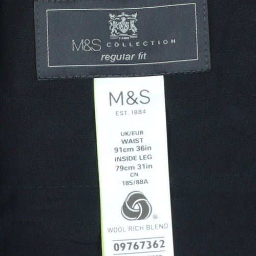 Marks and Spencer Men's Black Regular Fit Wool Blend Dress Trousers 36W 31L