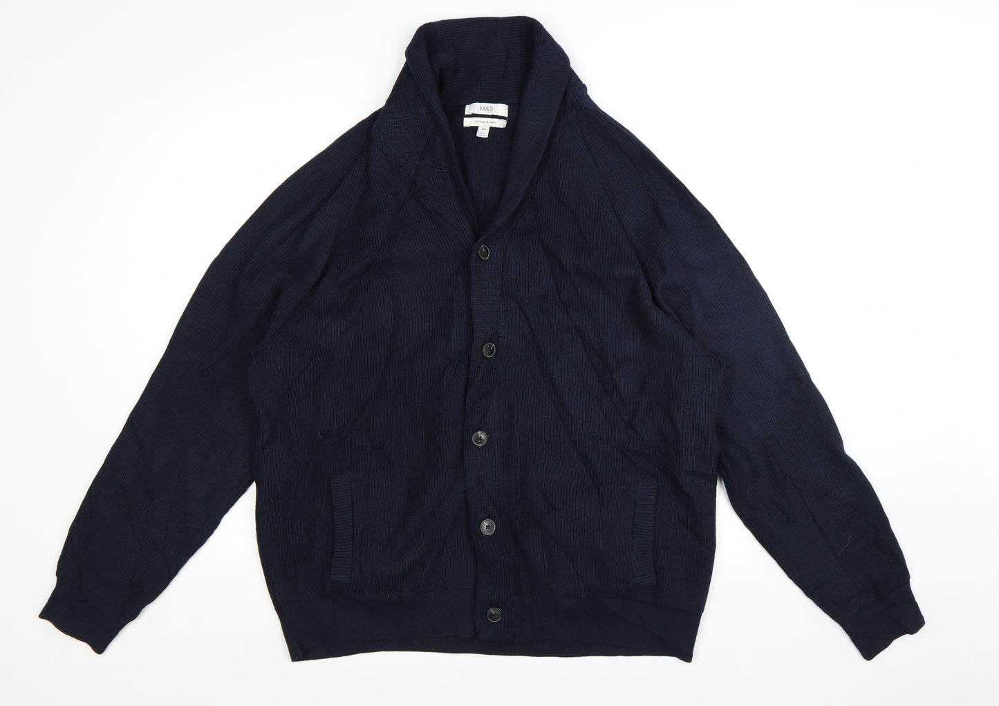 Marks and Spencer Men’s Blue 2XL Cotton Blend Collared Cardigan