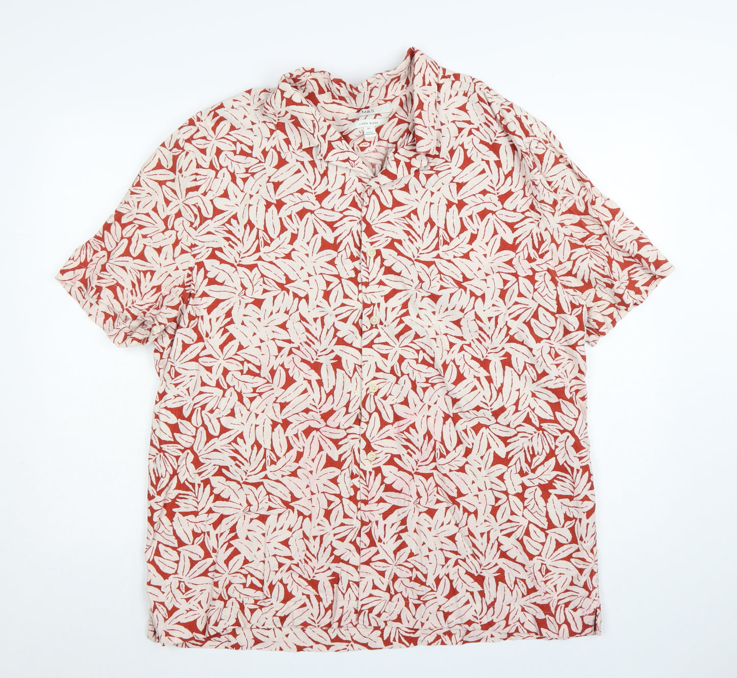 Marks and Spencer Men's Red Floral Linen Blend Short Sleeve Shirt XL