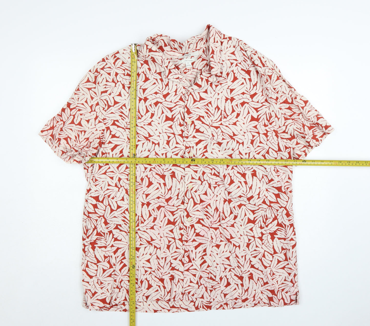 Marks and Spencer Men's Red Floral Linen Blend Short Sleeve Shirt XL