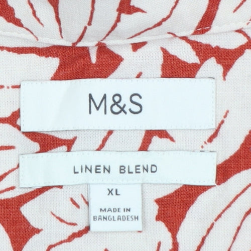 Marks and Spencer Men's Red Floral Linen Blend Short Sleeve Shirt XL