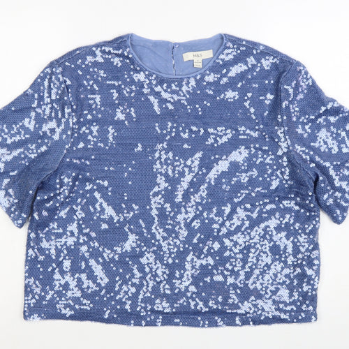 Marks and Spencer Women's Blue Sequin Cropped T-Shirt Size 14