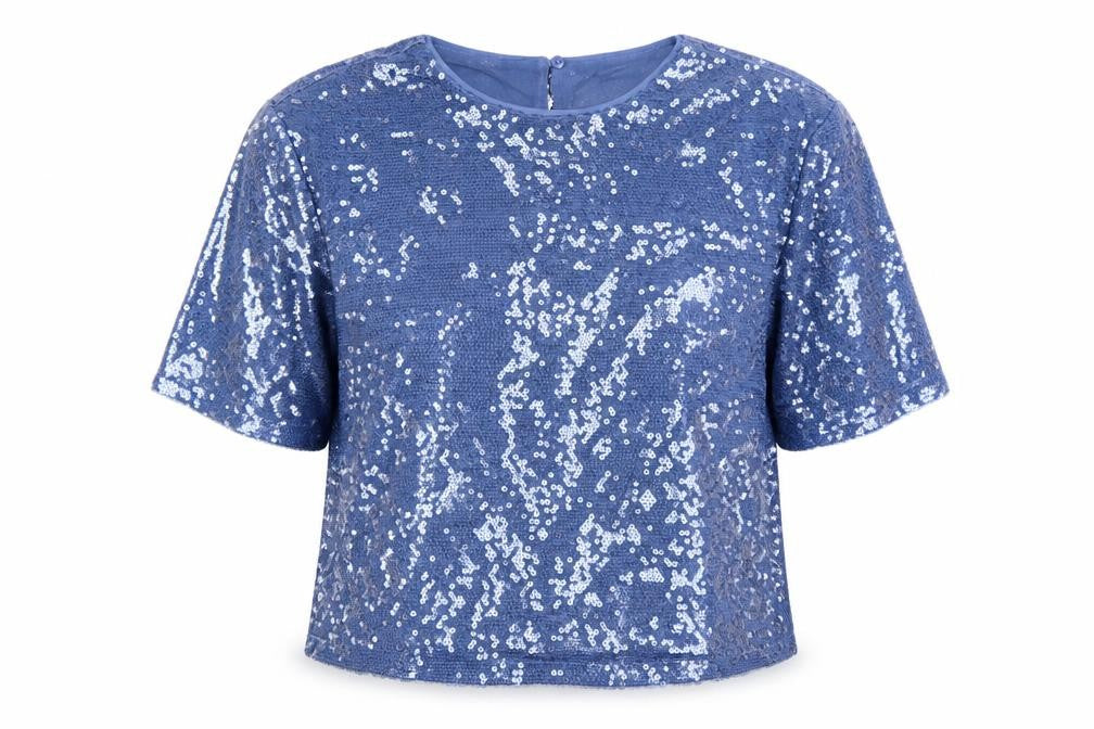 Front view of Marks & Spencer Women's Blue Sequin Cropped T-Shirt, size 14