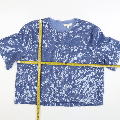 Marks and Spencer Women's Blue Sequin Cropped T-Shirt Size 14