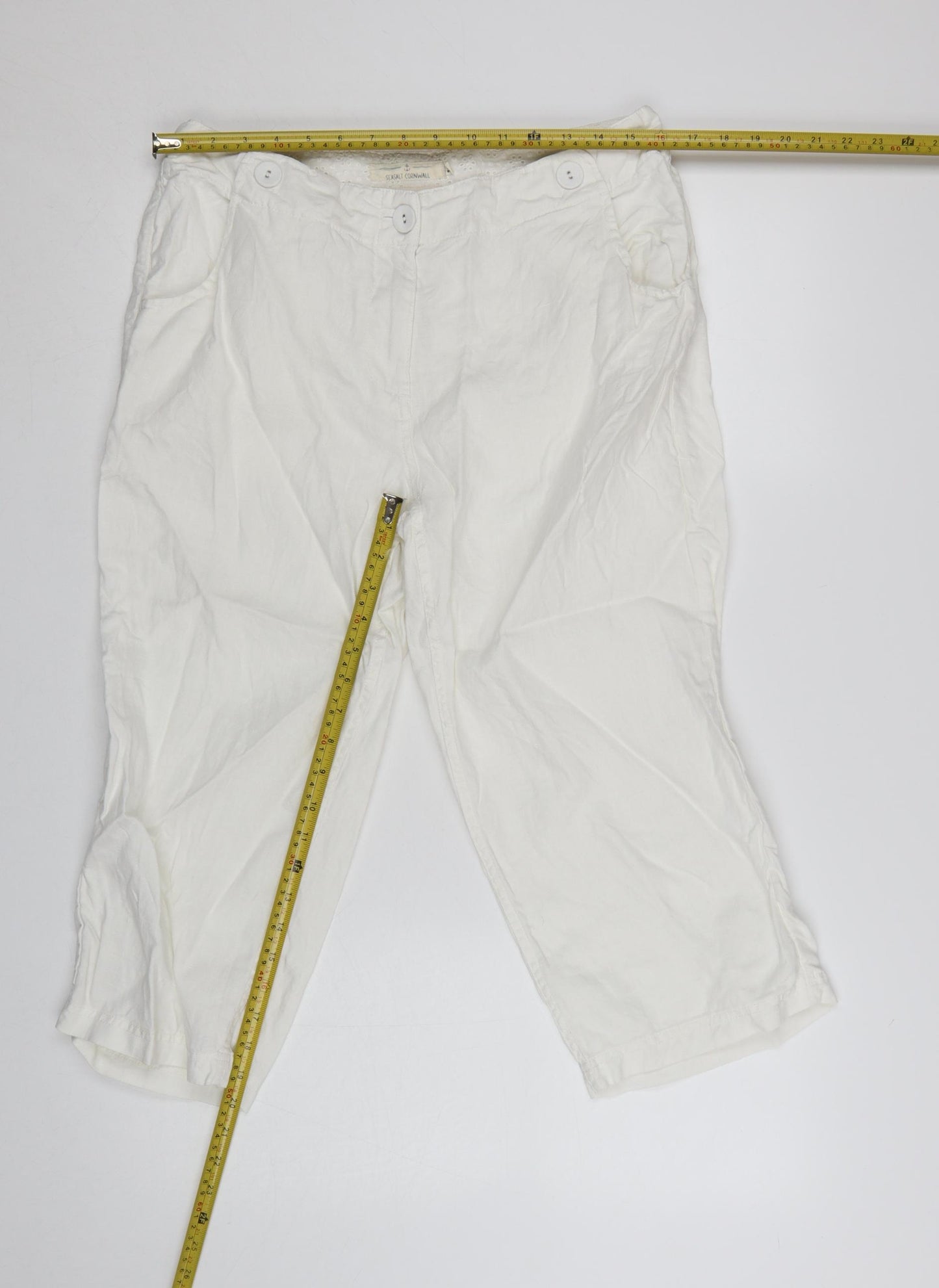 Seasalt Cornwall Women’s White Linen Cropped Trousers Size 12 Summer Casual