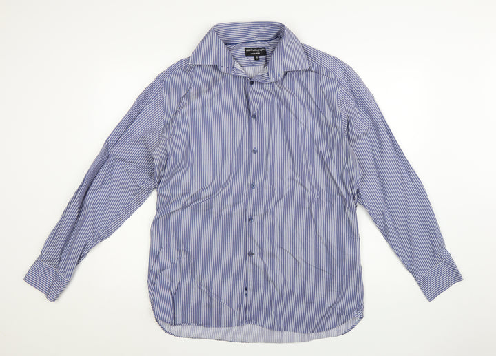 Marks and Spencer Autograph Blue Striped Non-Iron Cotton Shirt 16.5in Men's Regular Fit