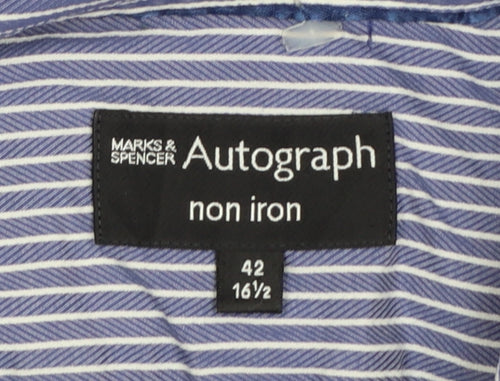 Marks and Spencer Autograph Blue Striped Non-Iron Cotton Shirt 16.5in Men's Regular Fit