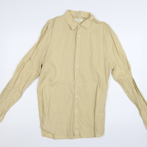 Marks and Spencer Men's Beige Linen Long Sleeve Button-Up Shirt Small
