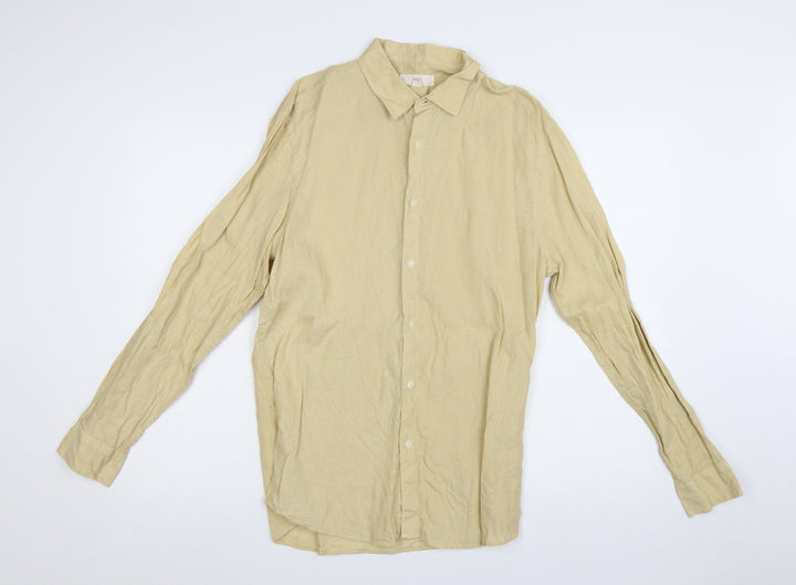 Marks and Spencer Men's Beige Linen Long Sleeve Button-Up Shirt Small