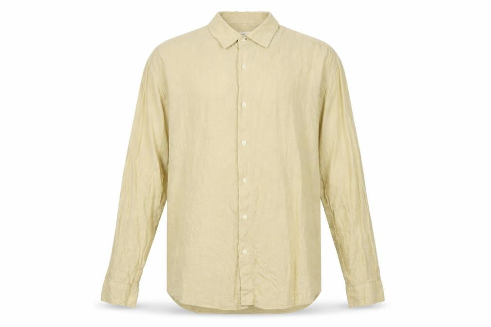 Front view of Marks & Spencer Men's Beige Linen Long Sleeve Button-Up Shirt Small