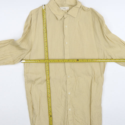 Marks and Spencer Men's Beige Linen Long Sleeve Button-Up Shirt Small