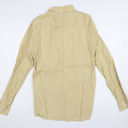 Marks and Spencer Men's Beige Linen Long Sleeve Button-Up Shirt Small