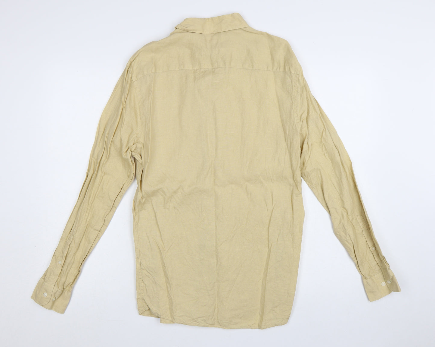 Marks and Spencer Men's Beige Linen Long Sleeve Button-Up Shirt Small