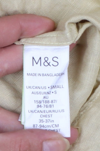 Marks and Spencer Men's Beige Linen Long Sleeve Button-Up Shirt Small