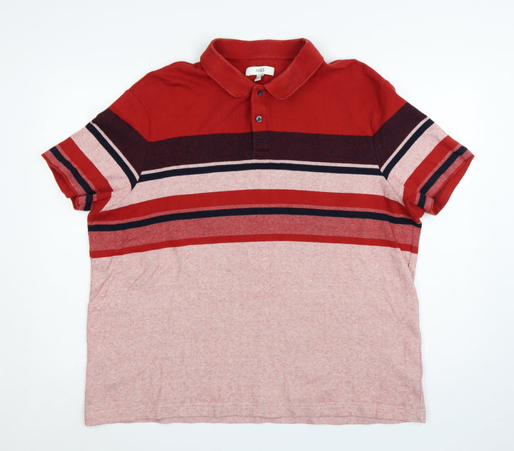 Marks and Spencer Men's Red Striped 2XL Cotton Polo Shirt