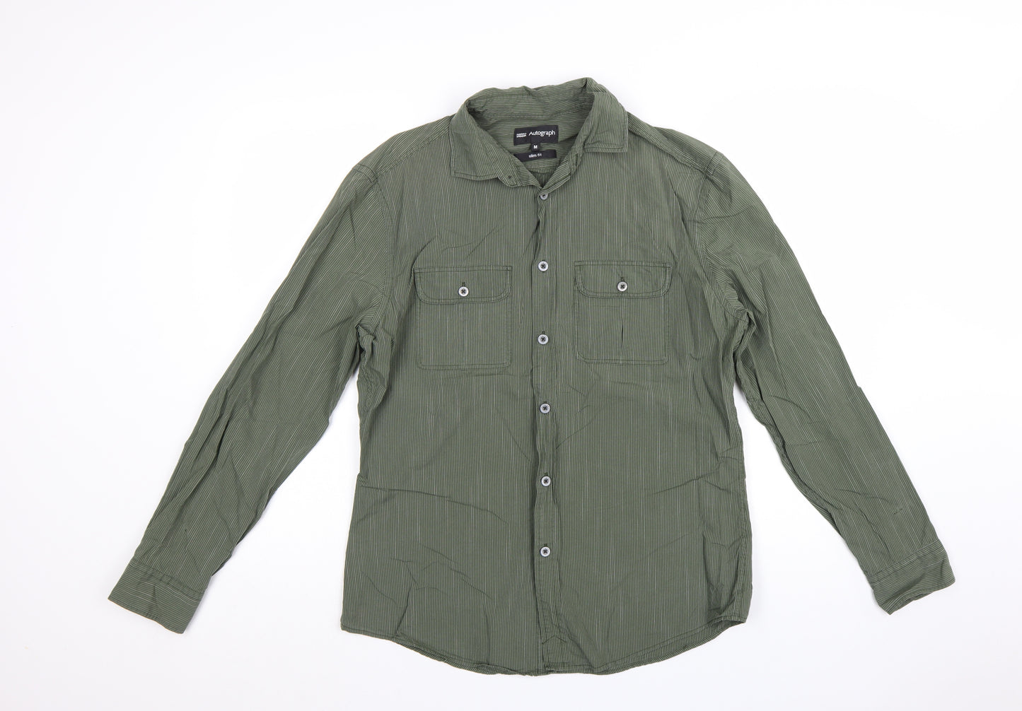 Marks and Spencer Autograph Men's Green Slim Fit Cotton Button-Up Shirt M