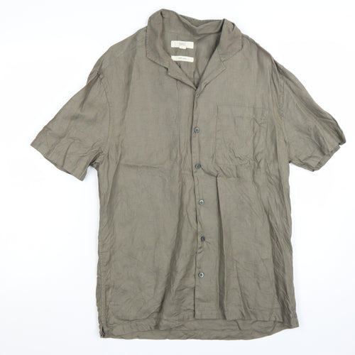 Marks and Spencer Men's Green Linen Short Sleeve Button-Up Shirt S