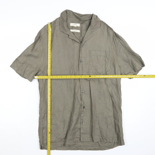 Marks and Spencer Men's Green Linen Short Sleeve Button-Up Shirt S