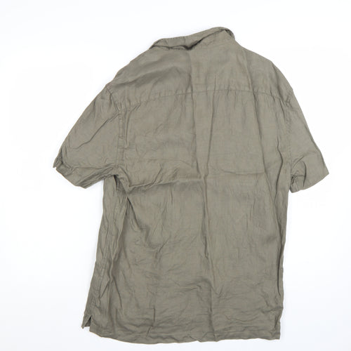 Marks and Spencer Men's Green Linen Short Sleeve Button-Up Shirt S