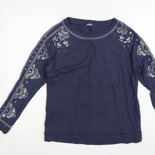 Monsoon Women Blue Embellished Long Sleeve T-Shirt Size S