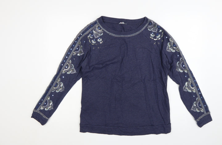 Monsoon Women Blue Embellished Long Sleeve T-Shirt Size S