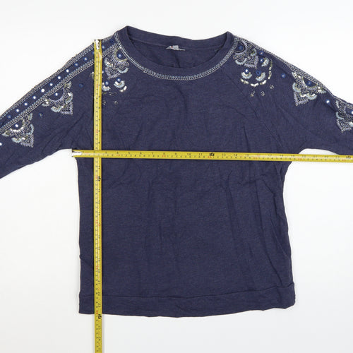 Monsoon Women Blue Embellished Long Sleeve T-Shirt Size S