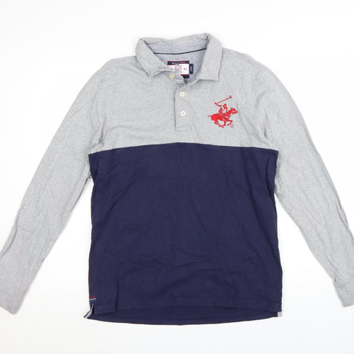 Beverly Hills Polo Club Men's Grey Navy Long Sleeve Polo Shirt Size L