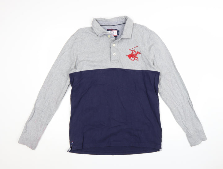 Beverly Hills Polo Club Men's Grey Navy Long Sleeve Polo Shirt Size L