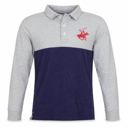 Beverly Hills Polo Club Men's Grey Navy Long Sleeve Polo Shirt Size L