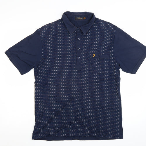 Farah Vintage Men's Blue Geometric Cotton Short Sleeve Polo Shirt XL
