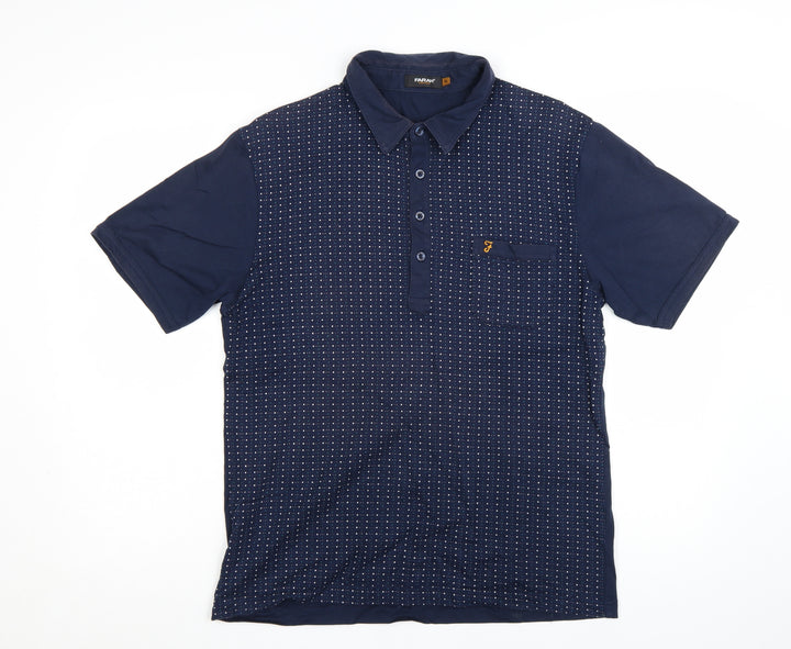 Farah Vintage Men's Blue Geometric Cotton Short Sleeve Polo Shirt XL