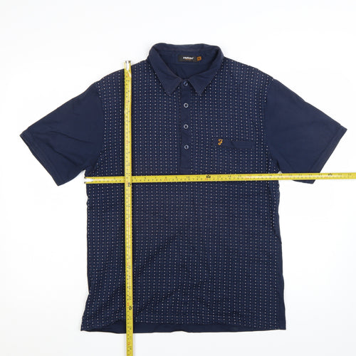 Farah Vintage Men's Blue Geometric Cotton Short Sleeve Polo Shirt XL