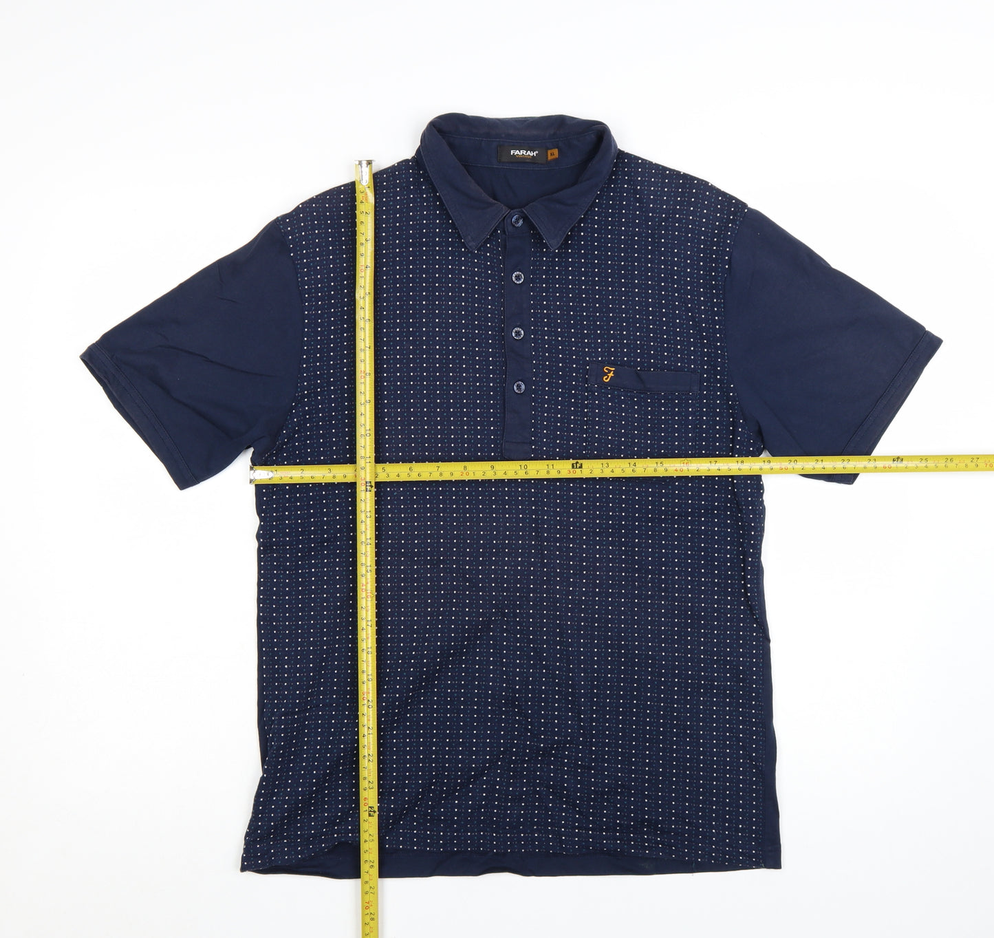 Farah Vintage Men's Blue Geometric Cotton Short Sleeve Polo Shirt XL